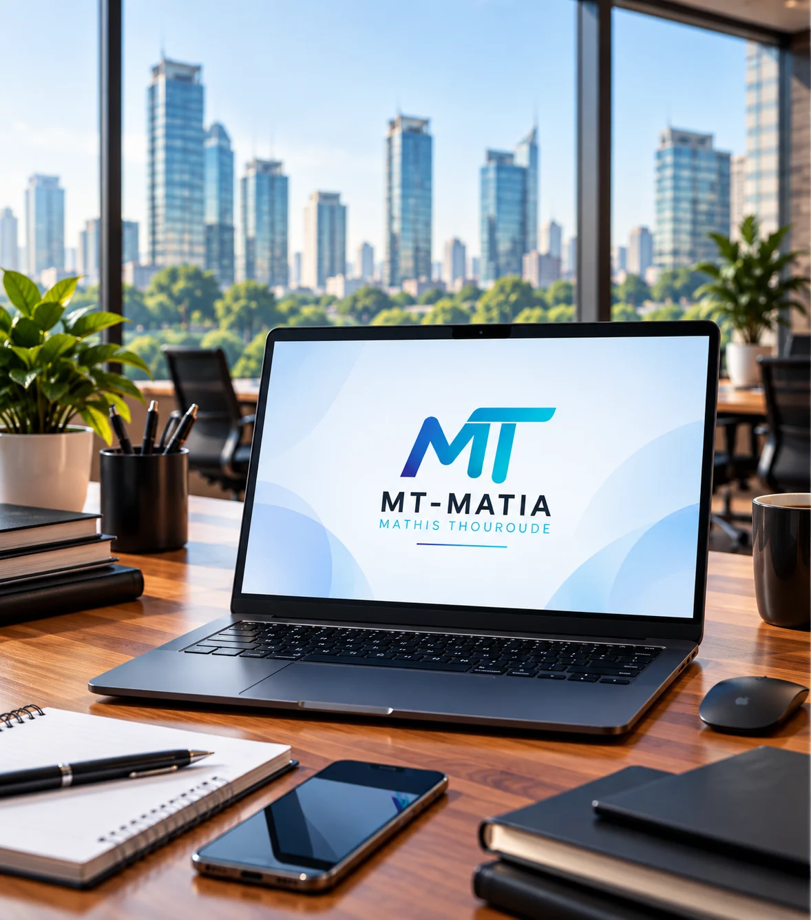Ordinateur portable sur un bureau lumineux, avec le logo MT-MATIA à l’écran.